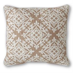 17 Inch Square Tan Pillow w/White Filigree Applique